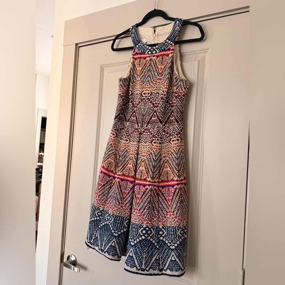 London Times Multicolor Geometric Sleeveless Dress - Navy, Pink, Cream, Mustard
